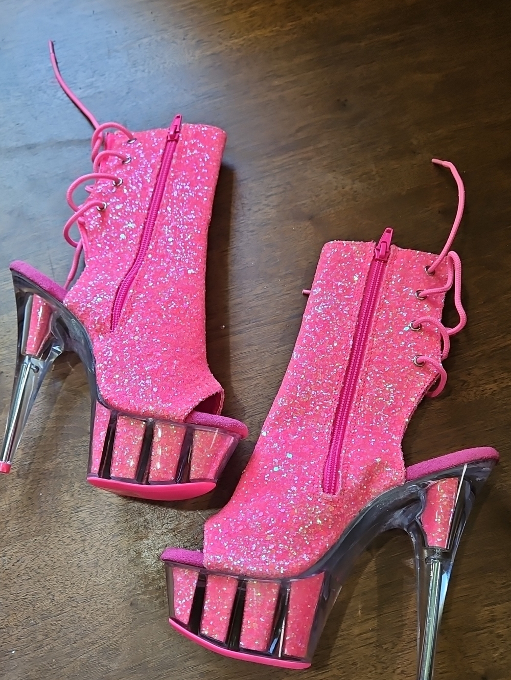 Pleaser Hot Pink Glitter Lace-Up Platform Stiletto Booties - Picture 6 of 14